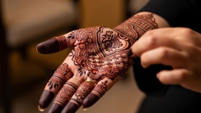 A person's hand adorned with intricate henna designs on the palm and fingers, being gently touched by the other hand, against a blurred background. Perfect for cultural events, beauty