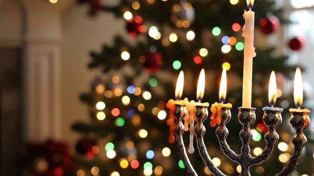 Hanukkah menorah lights near Christmas tree