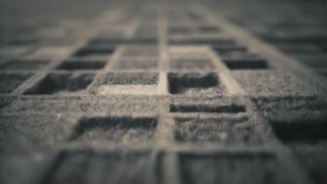 Close-up perspective of a geometric grid, textured and monochromatic, emphasizing depth and pattern