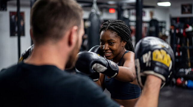 Young smiling athletic female boxer training with coach in gym during intense workout. Determination on face while throwing punch at focus mitts. Combat sport exercise for strength, health and fitness