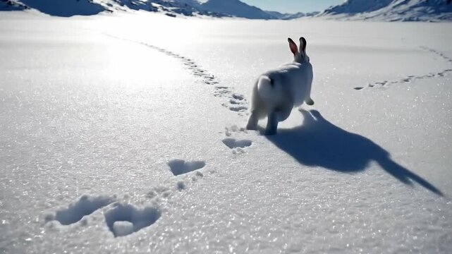 Snowshoe hare hopping across snow