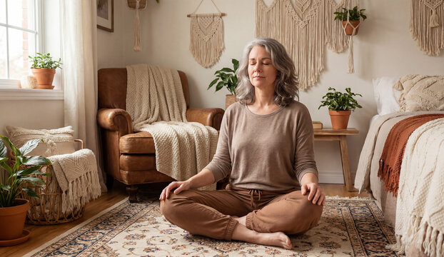 Mature woman sitting in lotus position meditating on floor in cozy boho style room. Peaceful female practicing yoga and mindfulness at home for mental health. Zen lifestyle, wellness and relaxation.