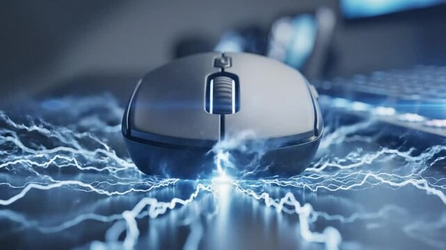 Futuristic Computer Mouse with Glowing Lightning Effect, Wireless Gaming Peripherals Technology Concept