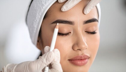 Eyebrow mapping process on a young woman's face using a white cosmetic pencil by a beauty professional in gloves.