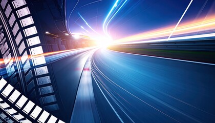 Dynamic car perspective on a curved highway with abstract light trails and tire detail, symbolizing speed and futuristic travel.