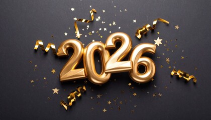 New Year 2026 Golden Numbers with Sparkling Star Confetti and Festive Ribbons on a Dark Elegant Background