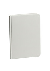 Naklejka premium Off-white closed notebook with soft, pliable, tactile cover & natural creases, standing vertically on transparent isolated background with shadowless lighting, concept of a blank canvas