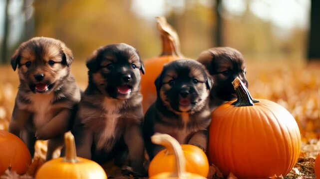 Four playful puppies surrounded by pumpkins in an autumnal setting