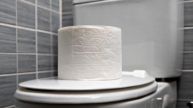 Soft white toilet paper roll with embossed pattern on a closed toilet seat lid