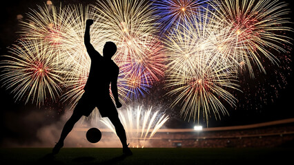 Silhouetted soccer player celebrating with fireworks at night