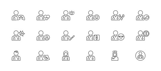 Physician Specialties Types vector icon set containing cardiologist, gastroenterologist, oncologist and more 