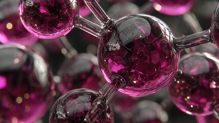 Close-up of a molecular model with pink and transparent spheres connected by sticks.