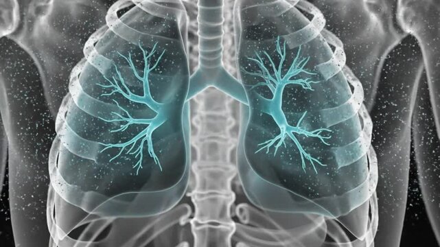 Visual representation of the lungs showing respiration with glowing effect and subtle particle animation