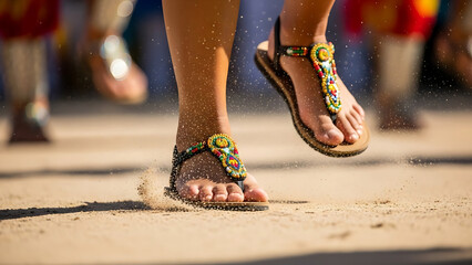 Womans feet wearing colorful sandals on sandy ground