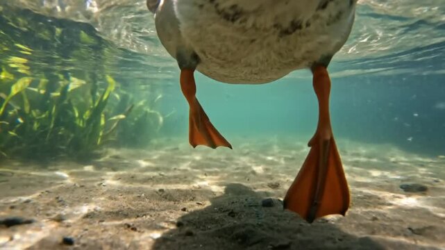 Underwater view of duck paddling its orange webbed feet in a sandy freshwater lake