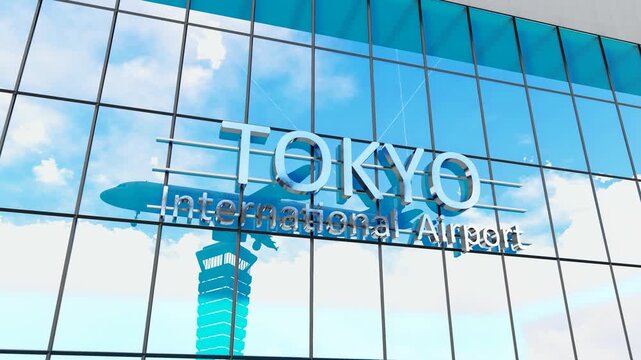 Tokyo international airport. Plane landing at Tokyo. Arrival in the city with the glass airport terminal and reflection of the jet aircraft. Travel, business, tourism and transport.