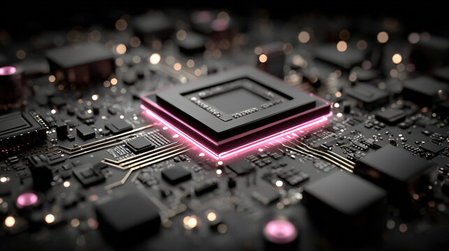 Close-up of a computer processor on a circuit board with glowing pink accents. - Powered by Adobe