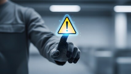 Man's hand activating a glowing digital warning sign, symbolizing critical system alerts, cybersecurity risks, and important notifications on a modern technology interface