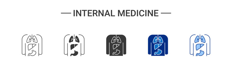 Internal Medicine Vector Icon Set in Line, Glyph and Blue Style