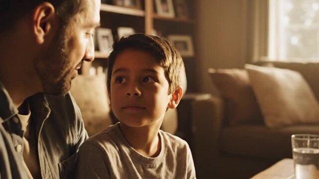 Father and son sharing a moment in a sunlit living room talking about honesty and life lessons