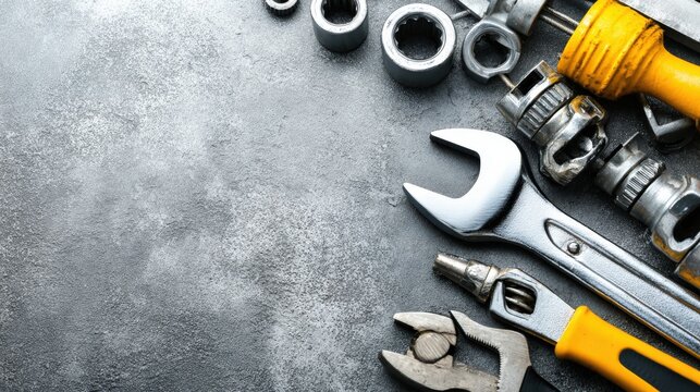 Assortment of metal implements and machinery components resting on a textured gray surface.