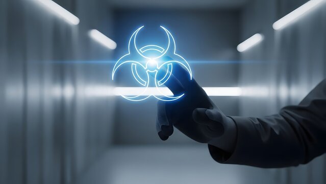 A human hand reaches towards a glowing blue biohazard symbol, conceptualizing digital threats, cybersecurity risks, or biological warnings within a high-tech, secure data environment - Powered by Adobe
