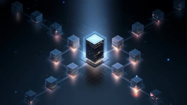 Central data server connected to multiple nodes in a digital network, symbolizing cloud computing, data storage and modern information infrastructure
