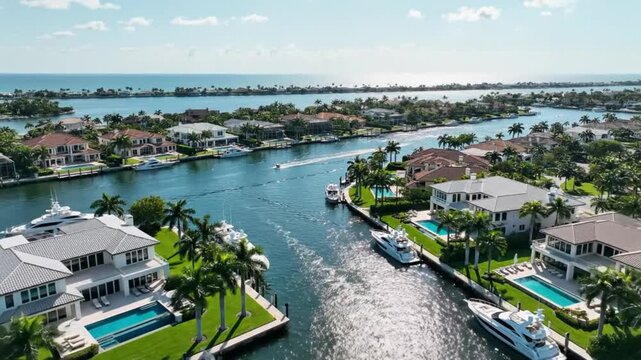 Aerial view of luxury waterfront homes and yachts with canals and the ocean on a sunny day