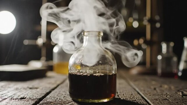 Mysterious potion experiment in an alchemist laboratory with smoke and bubbling liquid in glass bottle