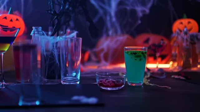 Halloween party scene with colorful drinks and spooky decorations