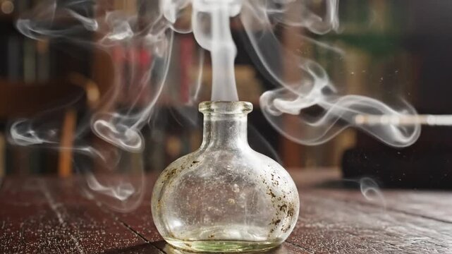Mysterious potion flask with ethereal smoke rising against backdrop of a bookshelf and vintage wooden table