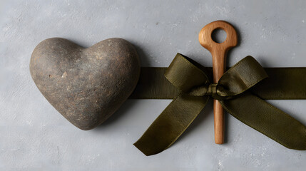 Heart-shaped stone with wooden key and ribbon on textured gray background for decoration