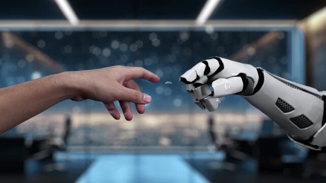 A striking video of a human hand reaching towards a robotic hand, emphasizing interaction and communication technology in a modern office environment. Auvana