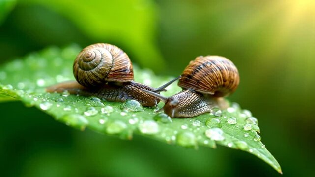 Close up view of two snails on a green leaf covered with water droplets in natural lighting