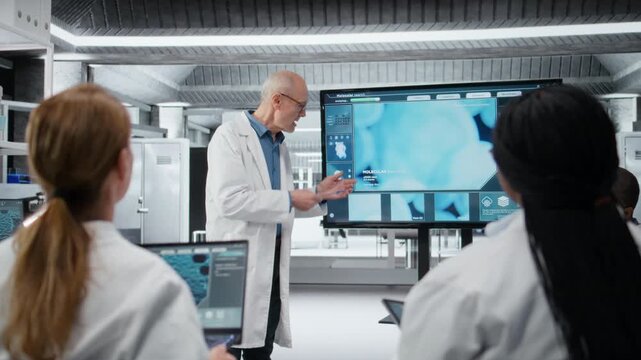 Senior scientist in lab presenting innovative DNA sequencing project to colleagues. Elderly team leader showing 3D biological model on screen to researchers during strategic briefing, camera A