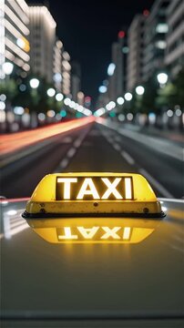 Yellow glowing taxi sign on car roof used for urban transportation and passenger service on blurred night city street background