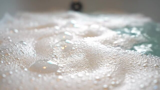 Close-up of fluffy white bath foam with large bubbles floating on clear water, creating relaxing spa atmosphere