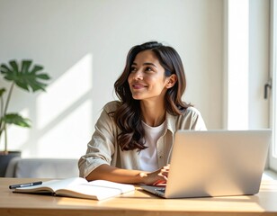 woman smiling working from home in calm morning atmosphere