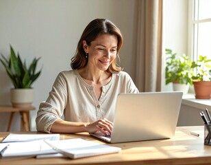 happy woman working from home in calm morning atmosphere