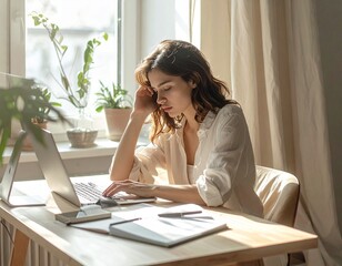 worried woman working from home in calm morning atmosphere
