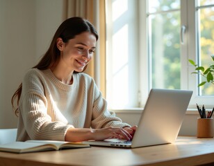 Woman working from home in calm morning atmosphere