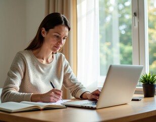 woman in deep thought working from home in calm morning atmosphere