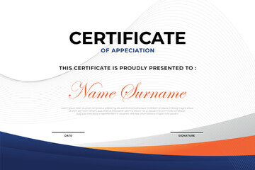 Business certificate template design with blue geometric border frame decoration