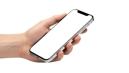 Single hand holding modern smartphone at an angle with blank screen for application branding