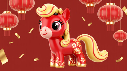 Fototapeta premium a red and gold pony surrounded by chinese lanterns and confetti