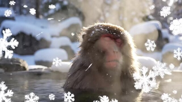 Japanese macaque monkey enjoying a relaxing hot spring bath while snow falls in winter wonderland