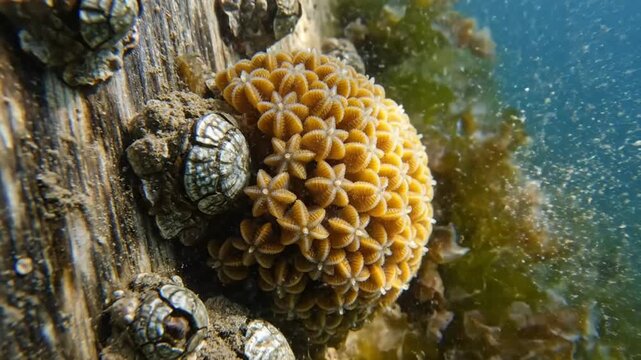 Underwater close-up view of a vibrant orange coral cluster with attached barnacles and seaweed against a wooden surface