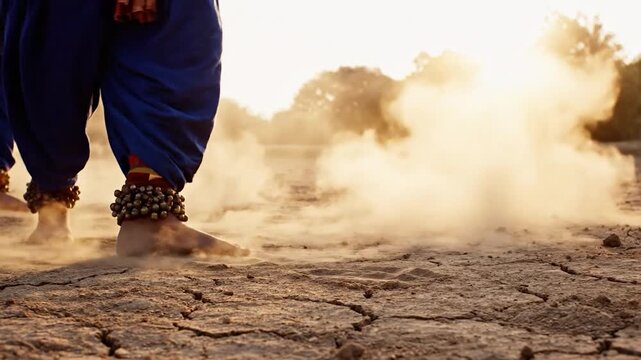 Dancers wearing bells on ankles stomping on dry earth at sunset