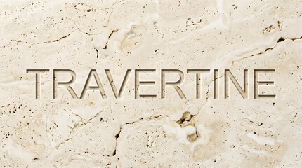 Close-up texture of natural travertine stone with the word TRAVERTINE etched into it.