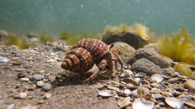 Underwater view of a hermit crab exploring the sandy seabed near rocks and seaweed